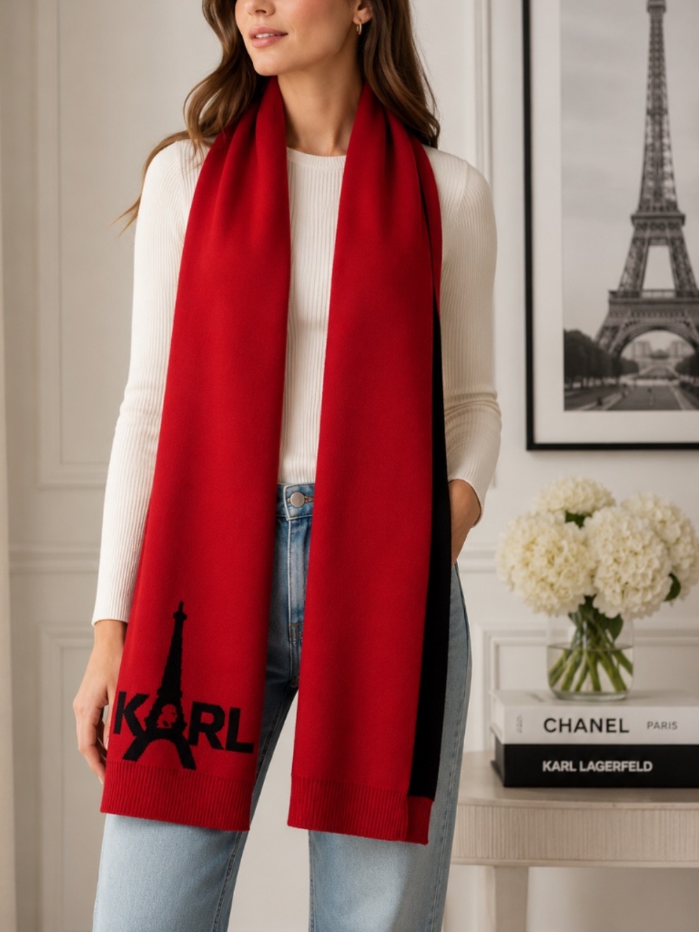 NWT Karl Lagerfeld Paris Knit Scarf Red Black Eiffel Tower Logo 74" Long